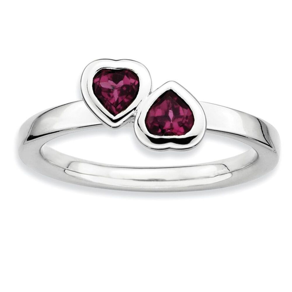 Sterling Silver Stackable Double Heart Rhodolite Garnet Ring, Size 10